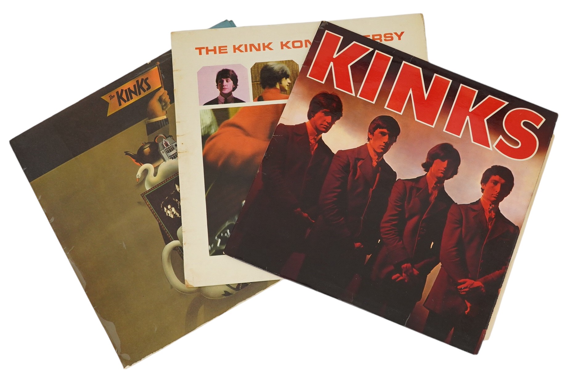 Three Kinks LP record albums; Kinks on Pye NSPL.83021, The Kink Kontroversy on NPL.18131, Arthur on Pye NSPL 18317 with insert. Condition - fair